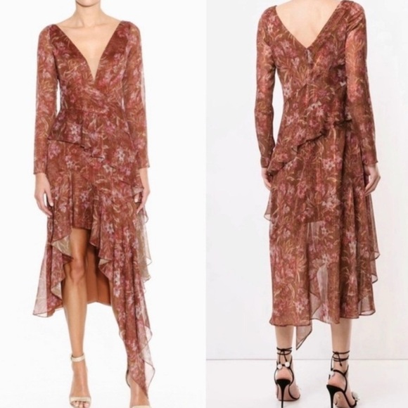 Marchesa Notte Floral Chiffon Asymmetrical Ruffle Dress in Rust Womens 8 - Picture 16 of 16